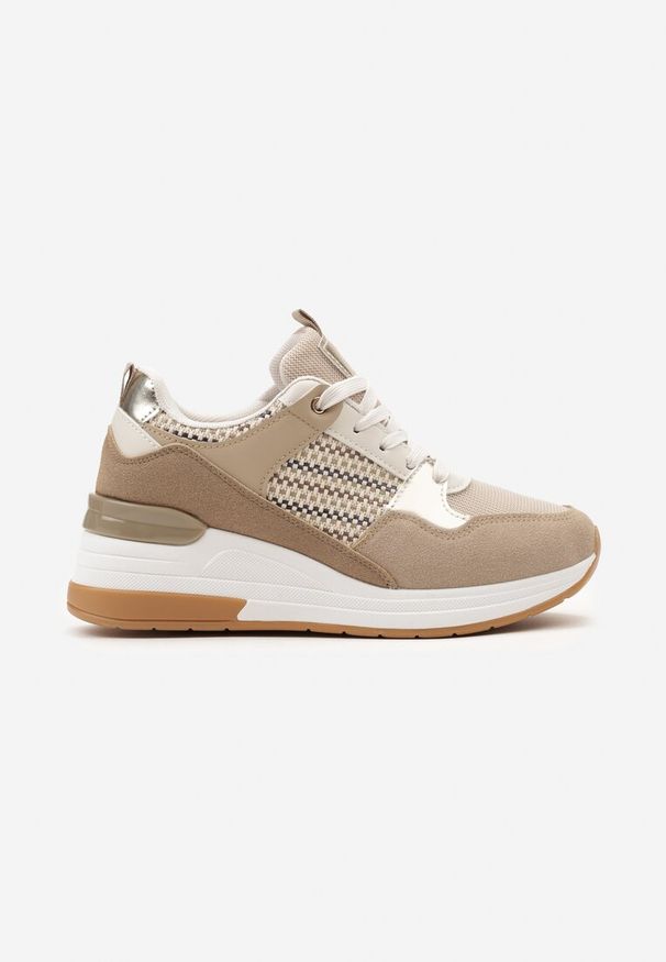 Renee - Ciemnobeżowe Sneakersy z Niskim Koturnem i Ozdobnymi Wstawkami Ysabeltia. Nosek buta: okrągły. Zapięcie: sznurówki. Kolor: beżowy. Materiał: materiał. Obcas: na koturnie. Wysokość obcasa: niski