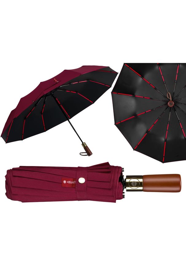 Duży, elegancki i składany parasol w burgundowym kolorze - Peterson. Kolor: czerwony