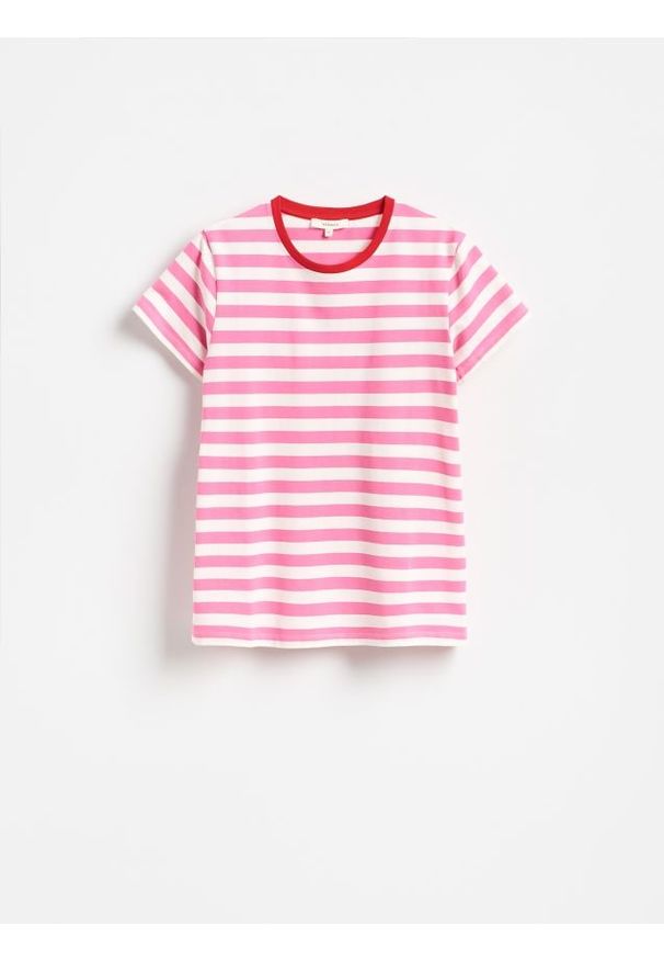 Reserved - T-shirt w paski - intensywny róż. Kolor: różowy. Materiał: bawełna, dzianina. Wzór: paski