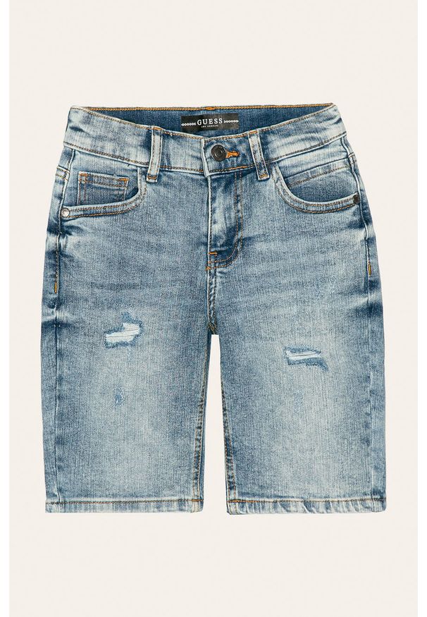 Guess Jeans - Szorty dziecięce 118-175 cm. Okazja: na co dzień. Kolor: niebieski. Materiał: bawełna, materiał, denim, jeans, elastan, tkanina, poliester. Wzór: gładki. Styl: casual