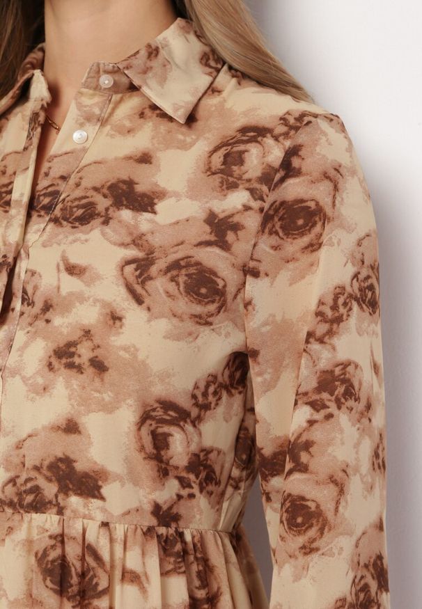 Born2be - Beżowa Koszulowa Sukienka Maxi z Falbanką Mersa. Kolor: beżowy. Typ sukienki: koszulowe. Długość: maxi