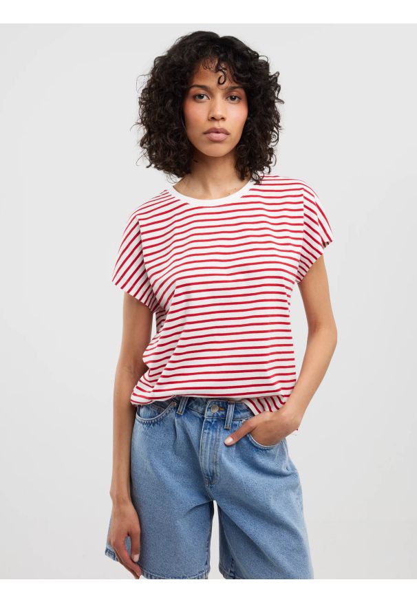 Big-Star - Koszulka damska w paski biało-czerwona Aleksa 603. Kolor: czerwony. Materiał: dzianina, bawełna, żakard. Wzór: paski