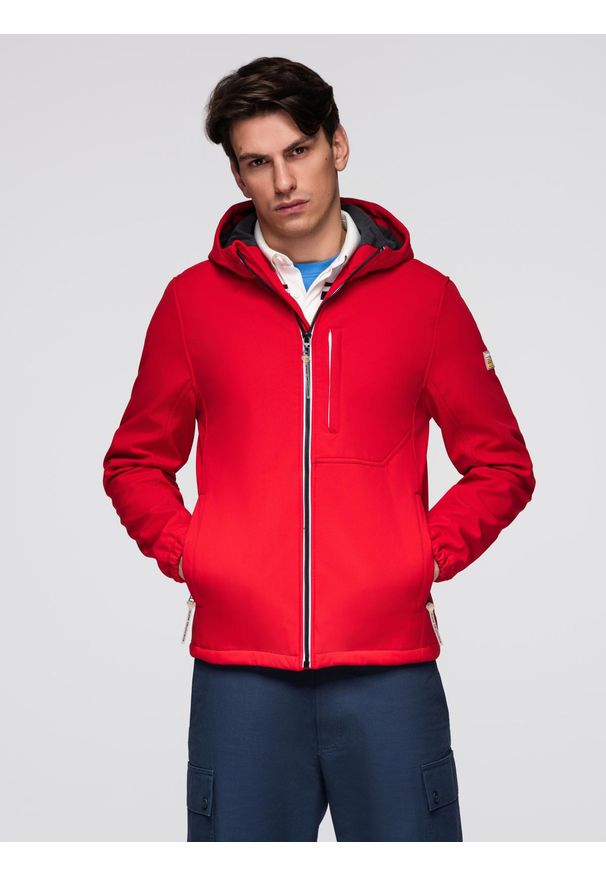 Ombre Clothing - Męska kurtka z polarowym środkiem SOFTSHELL- czerwony V6. Kolor: czerwony. Materiał: softshell, polar
