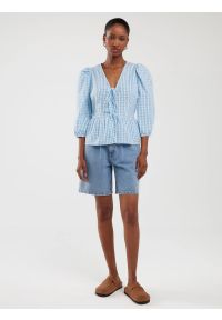 Big-Star - Bluzka damska z baskinką w drobną kratkę niebieska Sori 401. Okazja: na co dzień. Kolor: niebieski. Materiał: bawełna, jeans. Wzór: kratka. Styl: elegancki, klasyczny, casual #6