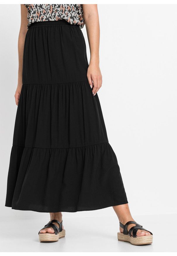 bonprix - Spódnica maxi z falbaną. Kolor: czarny. Styl: elegancki