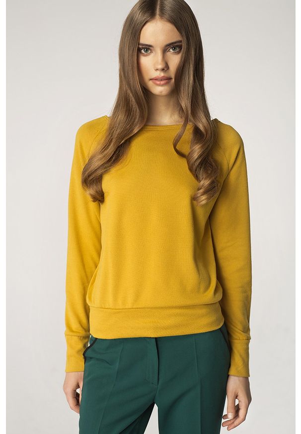 Nife - Prosty Żółty Sweter z Półokrągłym Dekoltem. Kolor: żółty. Materiał: poliester, wiskoza