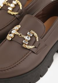 Renee - Brązowe Mokasyny na Platfromie w Stylu Chunky Ozdobione Cyrkoniami i Klamrą Tenisea. Zapięcie: klamry. Kolor: brązowy. Materiał: jeans. Wzór: aplikacja. Obcas: na platformie. Styl: elegancki #4