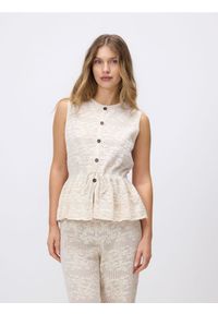 Reserved - Ażurowa bluzka z baskinką - kremowy. Kolor: kremowy. Materiał: bawełna, dzianina. Wzór: ażurowy #1