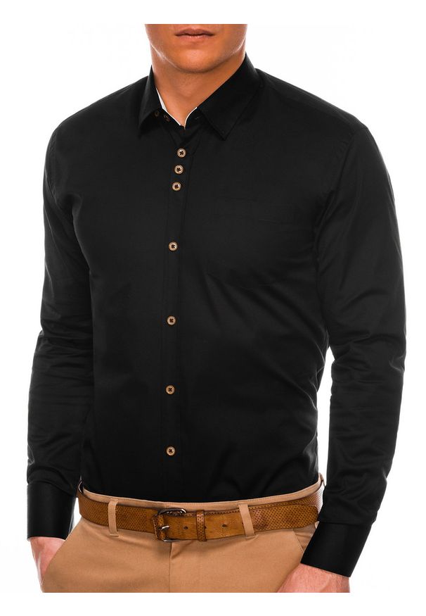 Ombre Clothing - Koszula męska z kontrastowymi guzikami SLIM K302 - czarna - XL. Kolor: czarny. Materiał: bawełna, elastan. Wzór: aplikacja