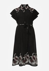 Born2be - Czarna Rozkloszowana Sukienka Koszulowa z Wiskozy z Haftem i Wiązanym Paskiem Adellis. Okazja: na co dzień. Kolekcja: plus size. Kolor: czarny. Materiał: wiskoza. Wzór: haft. Sezon: lato. Typ sukienki: koszulowe. Styl: boho, casual #5