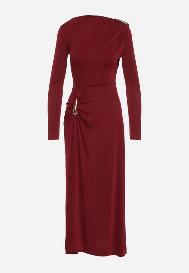 Born2be - Bordowa Koktajlowa Sukienka Ozdobiona Metaliczną Aplikacją i Marszczeniem z Boku Retima. Kolor: czerwony. Wzór: aplikacja. Styl: wizytowy