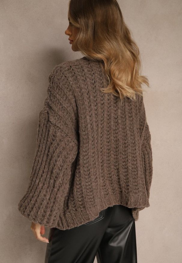 Renee - Brązowy Oversizowy Kardigan Bez Zapięć z Dodatkiem Wełny i Wiskozy Titanesa. Okazja: na imprezę. Kolor: brązowy. Materiał: wiskoza, wełna. Długość: długie. Wzór: aplikacja