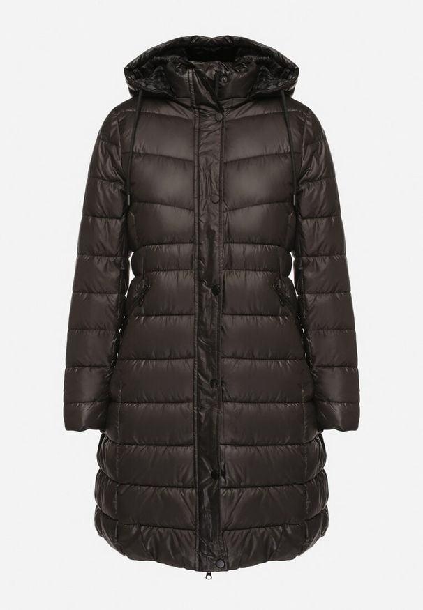 Born2be - Czarna Kurtka Pikowana o Długim Kroju z Kapturem i Dwustronnym Suwakiem Sanasira. Okazja: na co dzień. Typ kołnierza: kaptur. Kolor: czarny. Materiał: polar, jeans. Długość: długie. Styl: casual