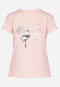 Born2be - Różowy T-shirt z Bawełny z Cyrkoniami i Nadrukiem Listebia. Okazja: na co dzień. Kolor: różowy. Materiał: bawełna. Wzór: nadruk. Styl: klasyczny, casual #6