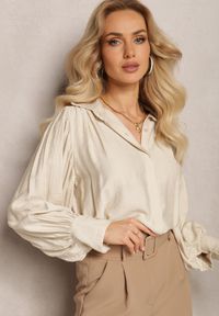 Renee - Jasnobeżowa Koszula z Kołnierzykiem i Plisowanymi Rękawami Devla. Kolor: beżowy. Materiał: skóra #4
