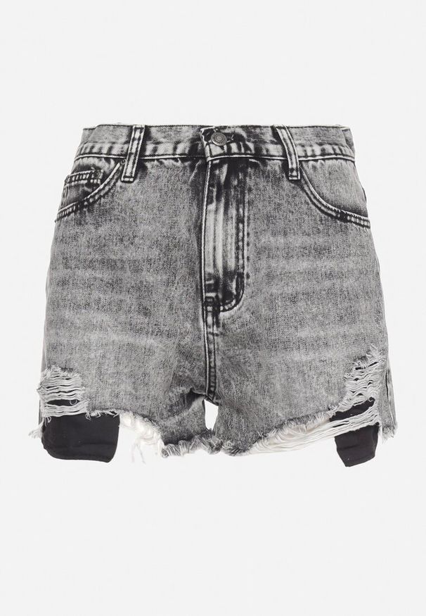 Born2be - Szare Klasyczne Szorty z Bawełny z Wysokim Stanem i Wystrzępionymi Nogawkami oraz Widoczną Podszewką Vieara. Okazja: na co dzień. Stan: podwyższony. Kolor: szary. Materiał: bawełna. Styl: klasyczny