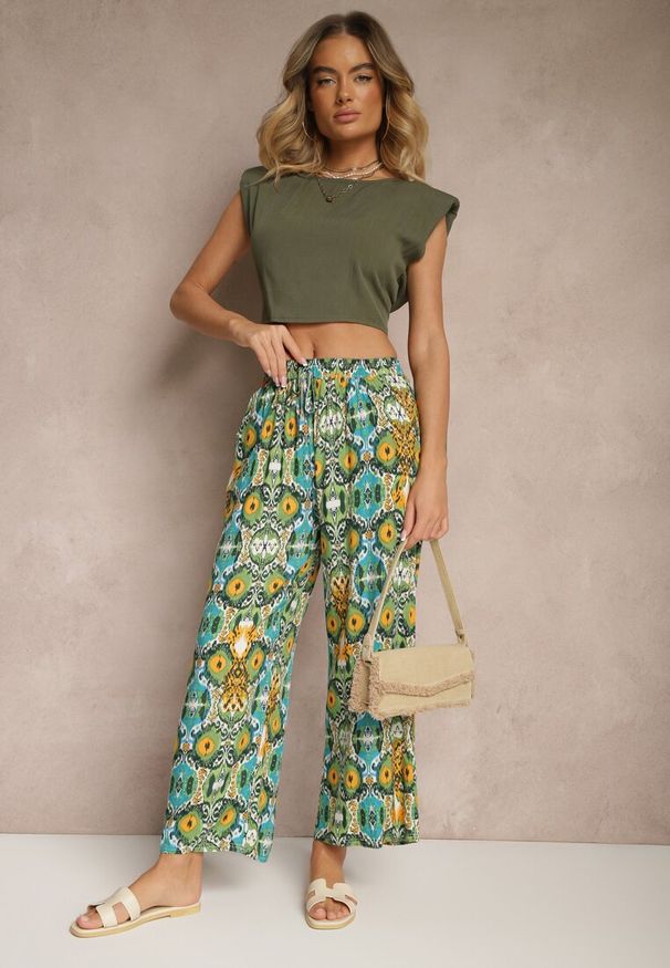 Renee - Zielone Bawełniane Spodnie High Waist Szerokie we Wzór Boho Tolioria. Okazja: na co dzień, do pracy. Stan: podwyższony. Kolor: zielony. Materiał: bawełna. Styl: boho