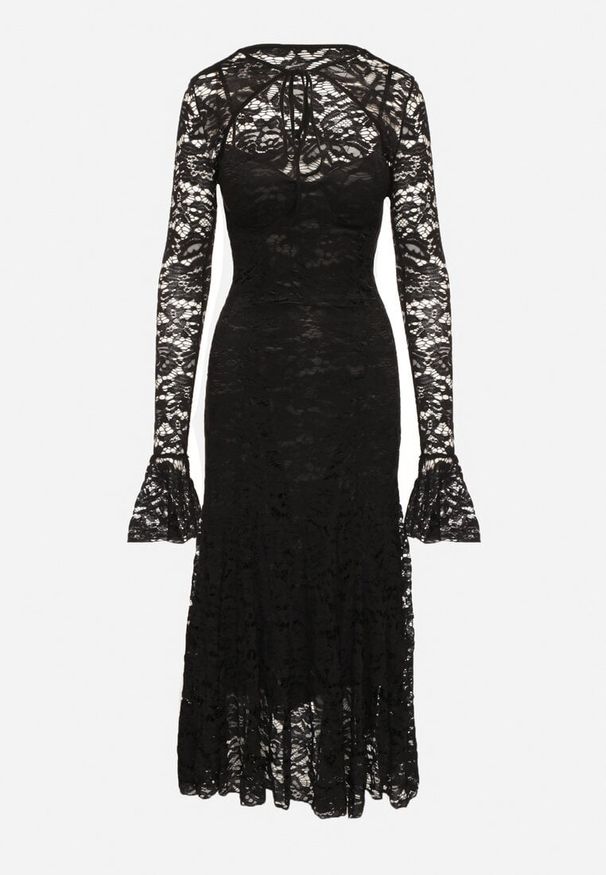 Born2be - Czarna Koronkowa Sukienka o Rozkloszowanym Kroju z Wiązanym Bolerkiem Gonneth. Okazja: na ślub cywilny, na wesele. Typ kołnierza: dekolt w kształcie V. Kolor: czarny. Materiał: koronka. Długość rękawa: na ramiączkach. Typ sukienki: rozkloszowane