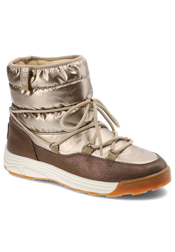 Big-Star - Złote Śniegowce Big Star Modne Ocieplane Buty Damskie. Kolor: złoty. Materiał: wełna, materiał, futro, skóra ekologiczna, syntetyk. Szerokość cholewki: normalna. Sezon: zima. Obcas: na obcasie. Wysokość obcasa: niski