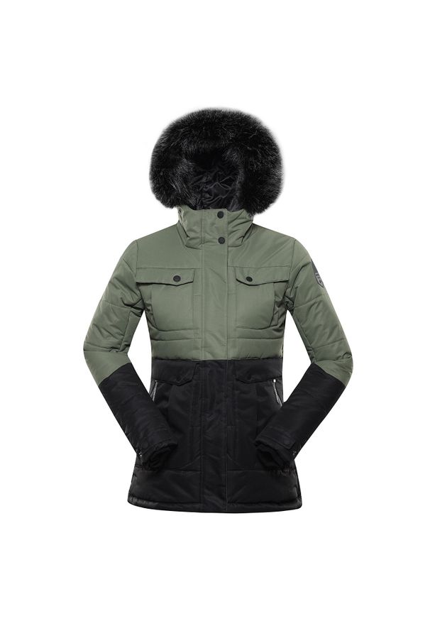 ALPINE PRO - Kurtka uniwersalna damska Alpine Pro LJCB592587. Typ kołnierza: kaptur. Kolor: zielony. Materiał: syntetyk. Sezon: zima. Styl: klasyczny, sportowy
