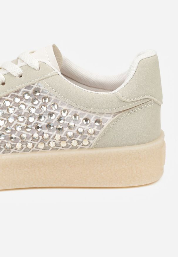 Renee - Beżowe Sneakersy na Platformie z Cyrkoniami Moonblaze. Kolor: beżowy. Materiał: jeans. Obcas: na platformie