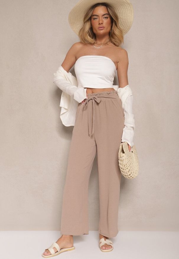 Renee - Ciemnobeżowe Spodnie z Wiskozą o Szerokim Kroju High Waist z Wiązaniem Ivelwia. Stan: podwyższony. Kolor: beżowy. Materiał: wiskoza. Sezon: lato
