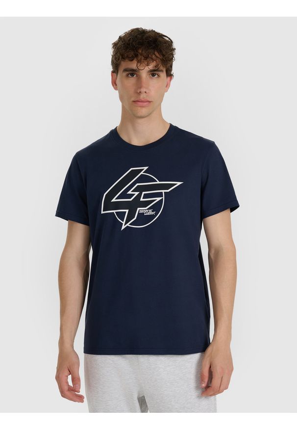4f - 4F T-shirt regular z nadrukiem męski - granatowy XL. Kolor: niebieski. Materiał: włókno, skóra, materiał, bawełna. Wzór: nadruk. Styl: klasyczny