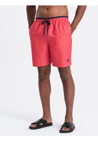 Ombre Clothing - Męskie spodenki kąpielówki z dwukolorowym ściągaczem – koralowe V4. Okazja: na plażę. Kolor: pomarańczowy. Materiał: materiał, poliester. Wzór: jednolity, haft. Sezon: lato #1