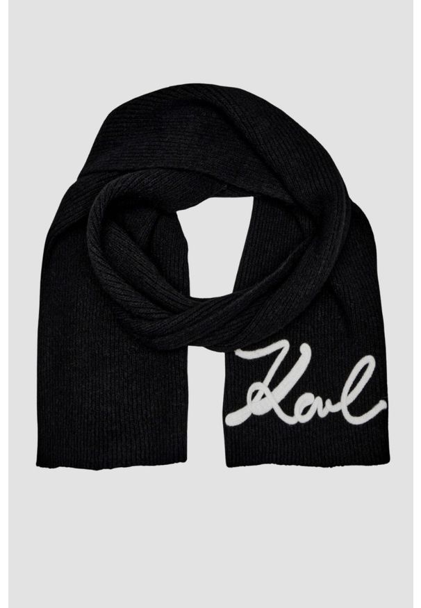 Karl Lagerfeld - KARL LAGERFELD Czarny szalik damski Logo Signature z domieszką wełny. Kolor: czarny. Materiał: wełna. Wzór: aplikacja. Sezon: zima. Styl: klasyczny