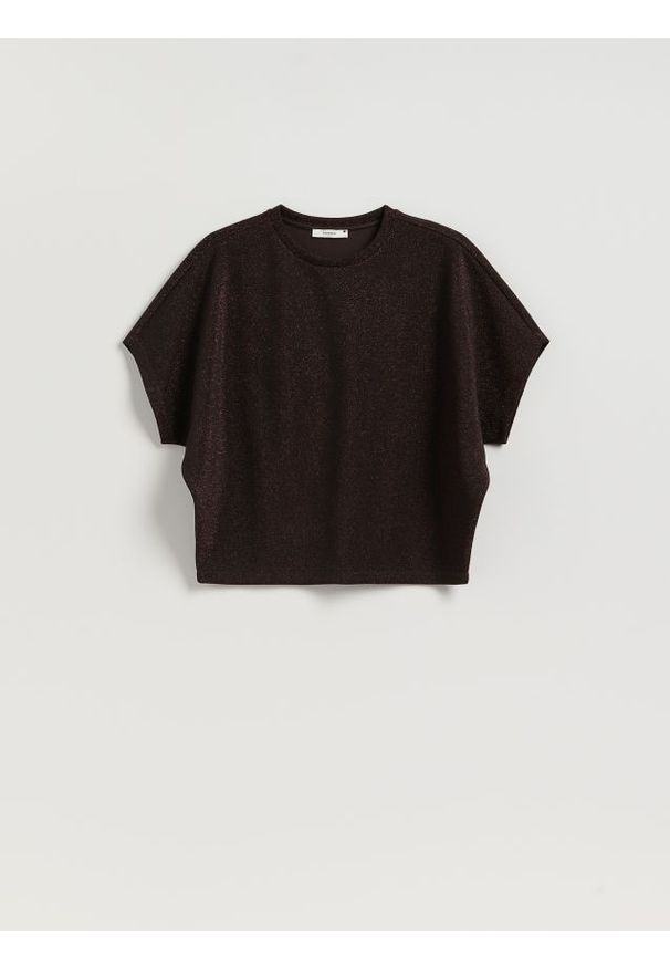 Reserved - T-shirt z metalizowaną nicią - ciemnobrązowy. Kolor: brązowy. Materiał: dzianina