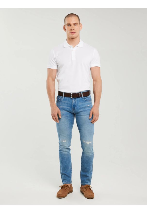 Big-Star - Koszulka męska polo biała Markolinos 101. Typ kołnierza: polo. Kolor: biały. Materiał: jeans, tkanina. Wzór: kolorowy. Styl: klasyczny, elegancki