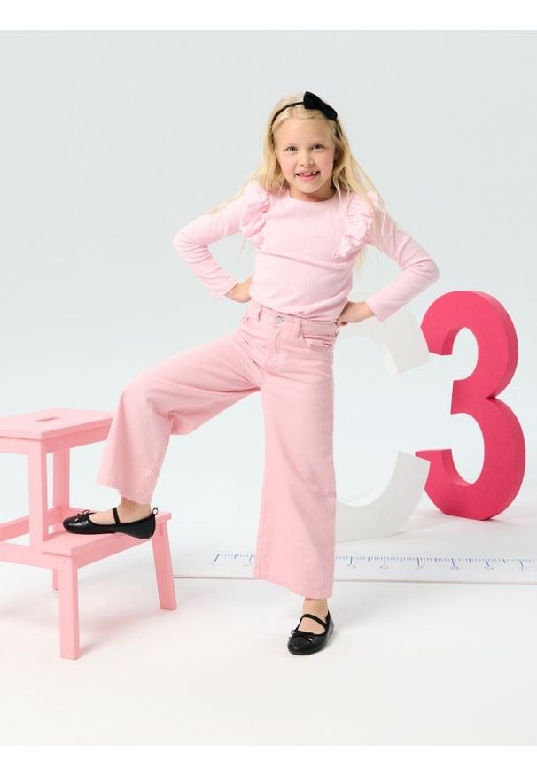 Sinsay - Koszulka z długimi rękawami z falbanami - różowy. Kolor: różowy. Długość rękawa: długi rękaw. Długość: długie