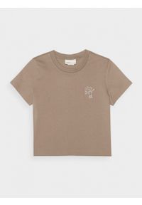 outhorn - T-shirt crop damski - brązowy. Kolor: brązowy. Materiał: dzianina, materiał, bawełna. Wzór: haft