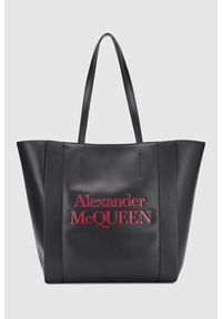 Alexander McQueen - ALEXANDER MCQUEEN Czarna skórzana shopperka z czerwonym logo. Kolor: czarny. Materiał: skórzane