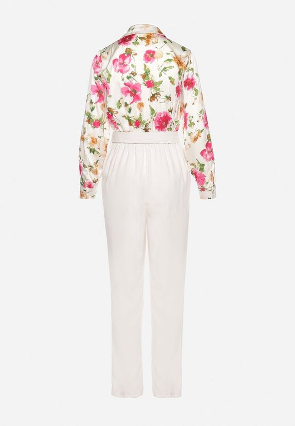 Born2be - Jasnobeżowy Kombinezon z Koszulową Górą w Kwiaty i Wiązanym Paskiem Sorjana. Kolor: beżowy. Materiał: materiał. Długość: długie. Wzór: kwiaty. Styl: elegancki