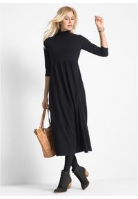 bonprix - Sukienka shirtowa midi, rękawy 3/4. Typ kołnierza: golf. Kolor: czarny. Długość: midi