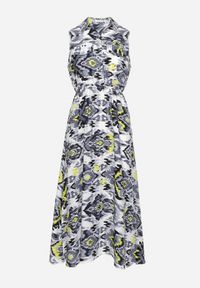 Born2be - Szaro-Biała Sukienka Rozkloszowana z Klapami przy Dekolcie w Abstrakcyjny Wzór Elebia. Okazja: na co dzień, na imprezę. Kolor: szary. Materiał: tkanina. Sezon: lato. Typ sukienki: rozkloszowane. Styl: casual, klasyczny #5