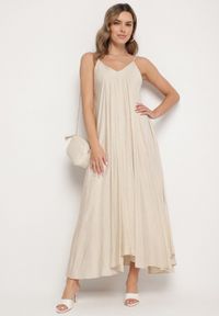 Born2be - Beżowa Rozkloszowana Sukienka z Wiskozy z Cyrkoniami Ellitana. Okazja: na co dzień. Kolor: beżowy. Materiał: wiskoza. Sezon: lato. Styl: elegancki, casual, klasyczny #6