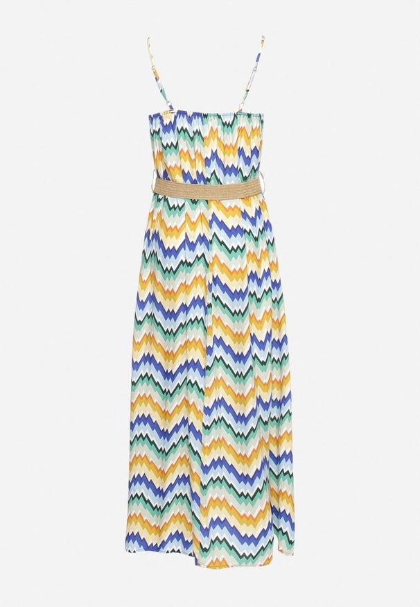 Born2be - Niebiesko-Żółta Sukienka z Wiskozy z Cienkimi Ramiączkami i Paskiem w Talii Vikiri. Okazja: na randkę, na co dzień. Typ kołnierza: dekolt kwadratowy. Kolor: niebieski. Materiał: wiskoza. Długość rękawa: na ramiączkach. Styl: casual