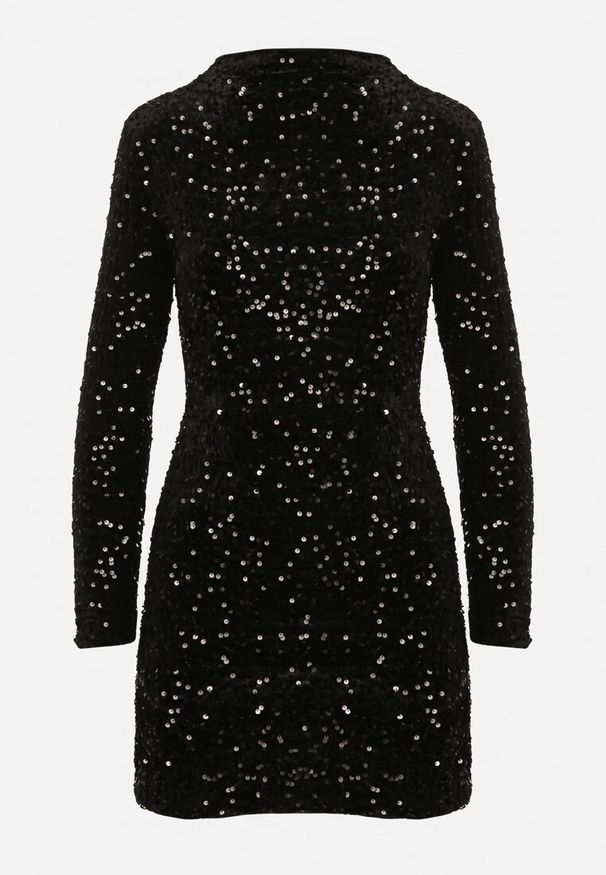 Born2be - Czarna Cekinowa Koktajlowa Sukienka z Usztywnianymi Ramionami Bonida. Kolor: czarny. Długość rękawa: długi rękaw. Wzór: aplikacja. Styl: wizytowy