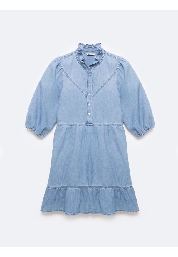 Big-Star - Sukienka damska mini jeansowa z dodatkiem lnu niebieska Rosalie 280. Okazja: na co dzień. Typ kołnierza: kołnierzyk stójkowy. Kolor: niebieski. Materiał: jeans, len. Styl: casual. Długość: mini