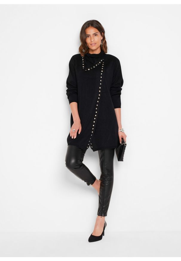 bonprix - Długi sweter rozpinany z ćwiekami. Kolor: czarny. Długość: długie