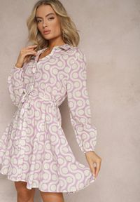 Renee - Fioletowo-Beżowa Koszulowa Sukienka z Bawełny z Geometrycznym Wzorem Vearil. Kolor: fioletowy. Materiał: bawełna. Wzór: geometria. Typ sukienki: koszulowe #1