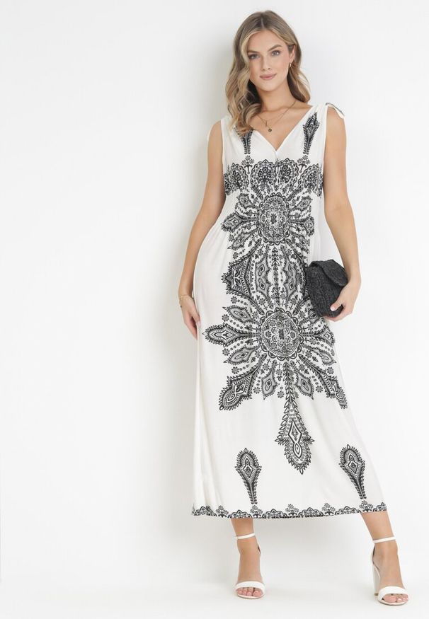 Born2be - Biała Sukienka w Stylu Boho z Gumką w Talii i Sznurkami przy Ramionach Niree. Kolor: biały. Styl: boho