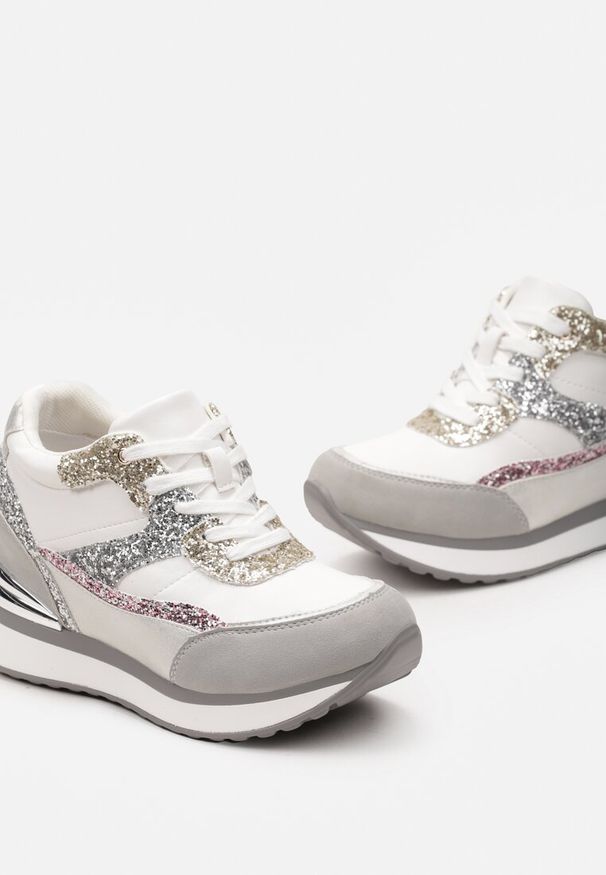 Renee - Szaro-Różowe Brokatowe Sneakersy na Ukrytym Koturnie Zophiela. Kolor: biały. Wzór: aplikacja. Obcas: na koturnie