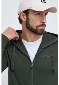 EA7 Emporio Armani bluza bawełniana męska kolor zielony z kapturem gładka. Okazja: na co dzień. Typ kołnierza: kaptur. Kolor: zielony. Materiał: bawełna. Wzór: gładki. Styl: casual #3