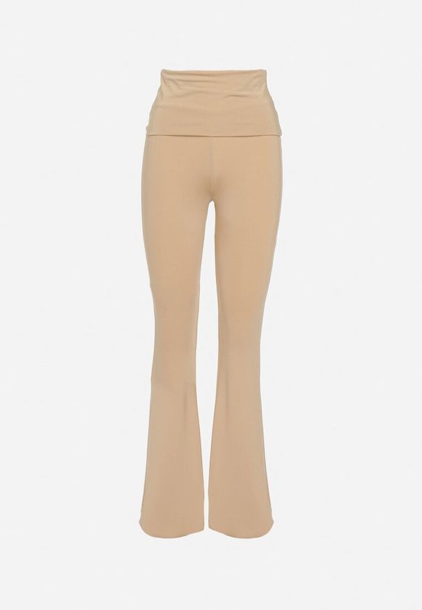 Born2be - Beżowe Modelujące Spodnie Dzwony z Wiskozą i Wysokim Stanem Gablea. Okazja: na co dzień. Stan: podwyższony. Kolor: beżowy. Materiał: wiskoza. Styl: casual