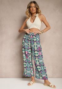 Renee - Zielono-Różowe Bawełniane Spodnie High Waist Szerokie we Wzór Boho Tolioria. Okazja: do pracy, na co dzień. Stan: podwyższony. Kolor: zielony. Materiał: bawełna. Styl: boho