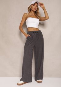 Renee - Szare Spodnie o Szerokim Kroju High Waist z Wiązaniem w Pasie Ettianne. Okazja: na co dzień. Stan: podwyższony. Kolor: szary. Styl: elegancki, casual