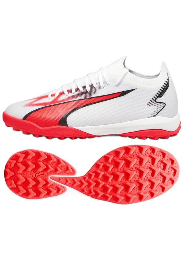 Buty piłkarskie Puma Ultra Match Tt M 107521-01 białe. Zapięcie: sznurówki. Kolor: biały. Materiał: dzianina, syntetyk, guma. Szerokość cholewki: normalna. Sport: piłka nożna